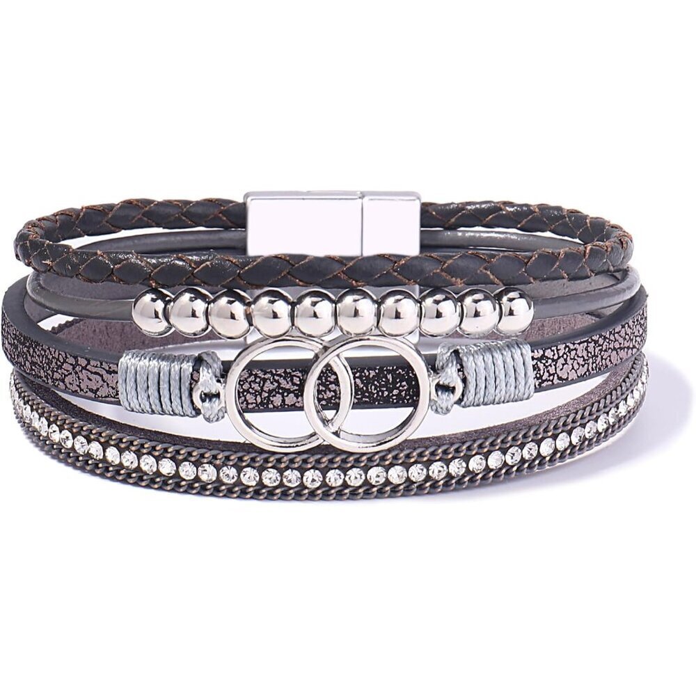 Leather Cuff Bangle Beaded Stackable Infinity Jew… - image 1